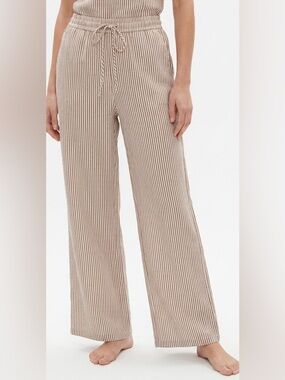 Wide Leg Striped Linen-Blend Pants - Beige Stripe